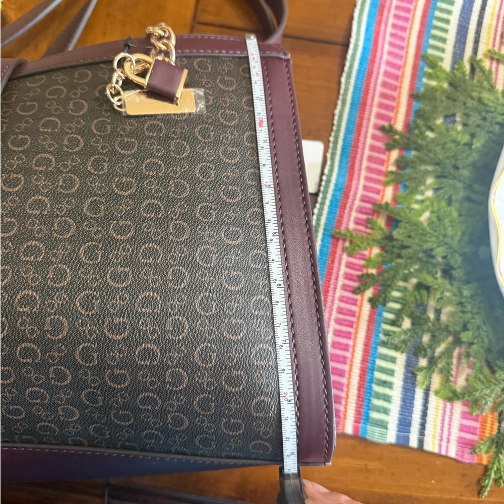 Guess Burgundy and Brown with muted Gold letters Shoulder Bag - Picture 9 of 10